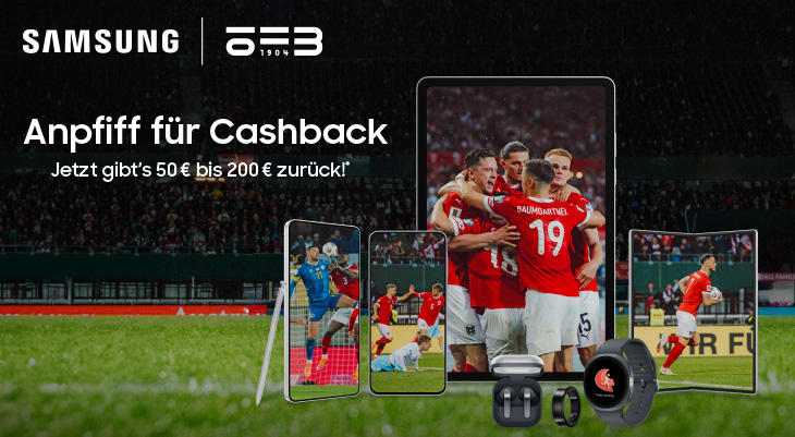 Samsung Sky Sport Cashback-Aktion: 50-200€ Rückerstattung. Fußballspieler in roten Trikots jubeln im Stadion, umgeben von Samsung Geräten mit Fußball-Content."