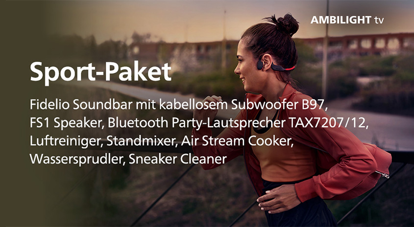Eine Frau mit Sportkopfhörern läuft vor einer Gebäude-Silhouette. Links Text bewirbt ein "Sport-Paket" mit Audio- und Haushaltsgeräten.