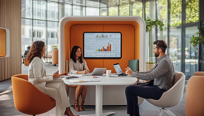  Drei Personen sitzen an einem runden Tisch in einer modernen, orange ausgekleideten Meeting-Nische in einem hellen Büro mit großen Glasfenstern; auf dem Tisch sind Laptops, Unterlagen und Tassen. An der Rückwand zeigt ein Touchscreen-Bildschirm von iiyama bunte Balken- und Liniendiagramme, die sie offenbar in einer Besprechung diskutieren.
