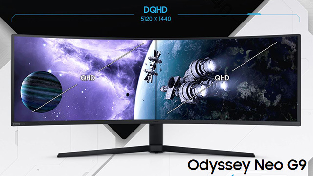 Ein schwarzer, gebogener Monitor zeigt Weltraumgrafiken, einschließlich eines Planeten und eines Raumschiffs, auf einem weißen Tisch.