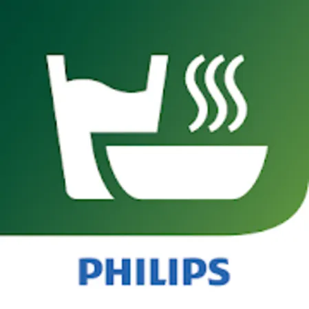 Philips NutriU App Logo mit stilisiertem Glas und dampfender Schale auf grünem Hintergrund.