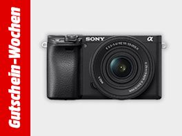 Werbebanner zu den Gutschein-Wochen mit einer Kamera vor grauem Hintergrund