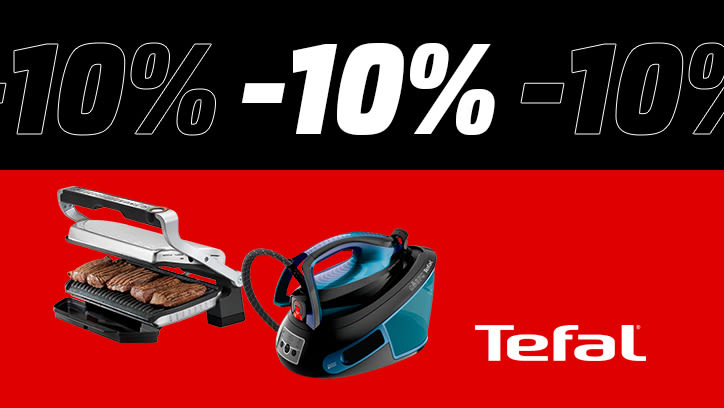 Ein Griller und eine Bügeldampfstation von Tefal stehen nebeneinander auf einem rot-schwarzem Hintergrund. Im oberen Bereich des Bildes steht mehrmals in großer Schrift "-10%". Rechts unten steht das Tefal-Logo.