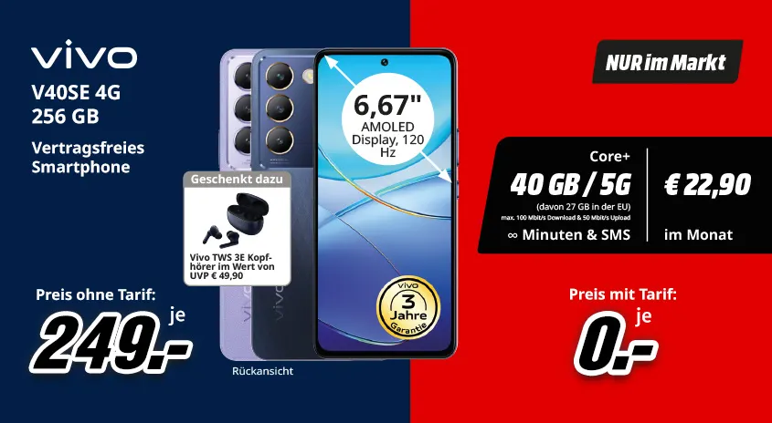 Werbebild: Vivo V40SE 4G Smartphone mit 256 GB, Kopfhörern, 6,67" AMOLED Display. Tarifoptionen & Preise. Blau-roter Hintergrund.