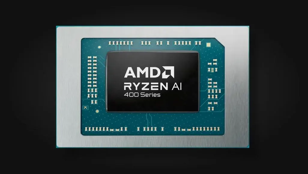 AMD Ryzen AI 400 Series Chip, freigestellt vor schwarzem Hintergrund als Produktdarstellung.