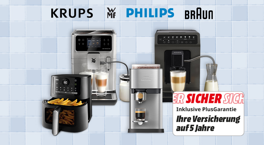  Küchengeräte von Krups, WMF, Philips und Braun mit Getränken, inkl. PlusGarantie – Versicherung für 5 Jahre.