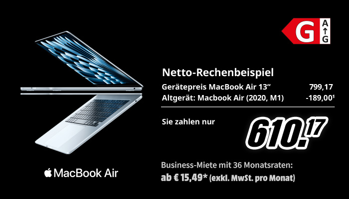 Rechenbeispiel netto exkl. MwSt. MacBook Air 13" 128 GB um 799,173€ Minus Altgerät z.B. MacBook Air 2020, M1** um 189€. Sie zahlen nur 613,83€