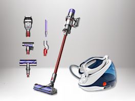 Produktbild von einem Akku Sticksauger und einer Dampfbügelstation.