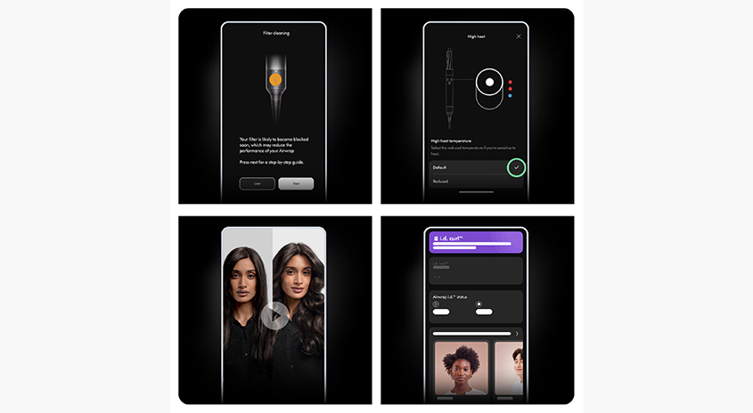 Vier Handy-Bildschirme zeigen eine App mit Reinigungs- und Temperatureinstellungen sowie Styling-Anleitungen.