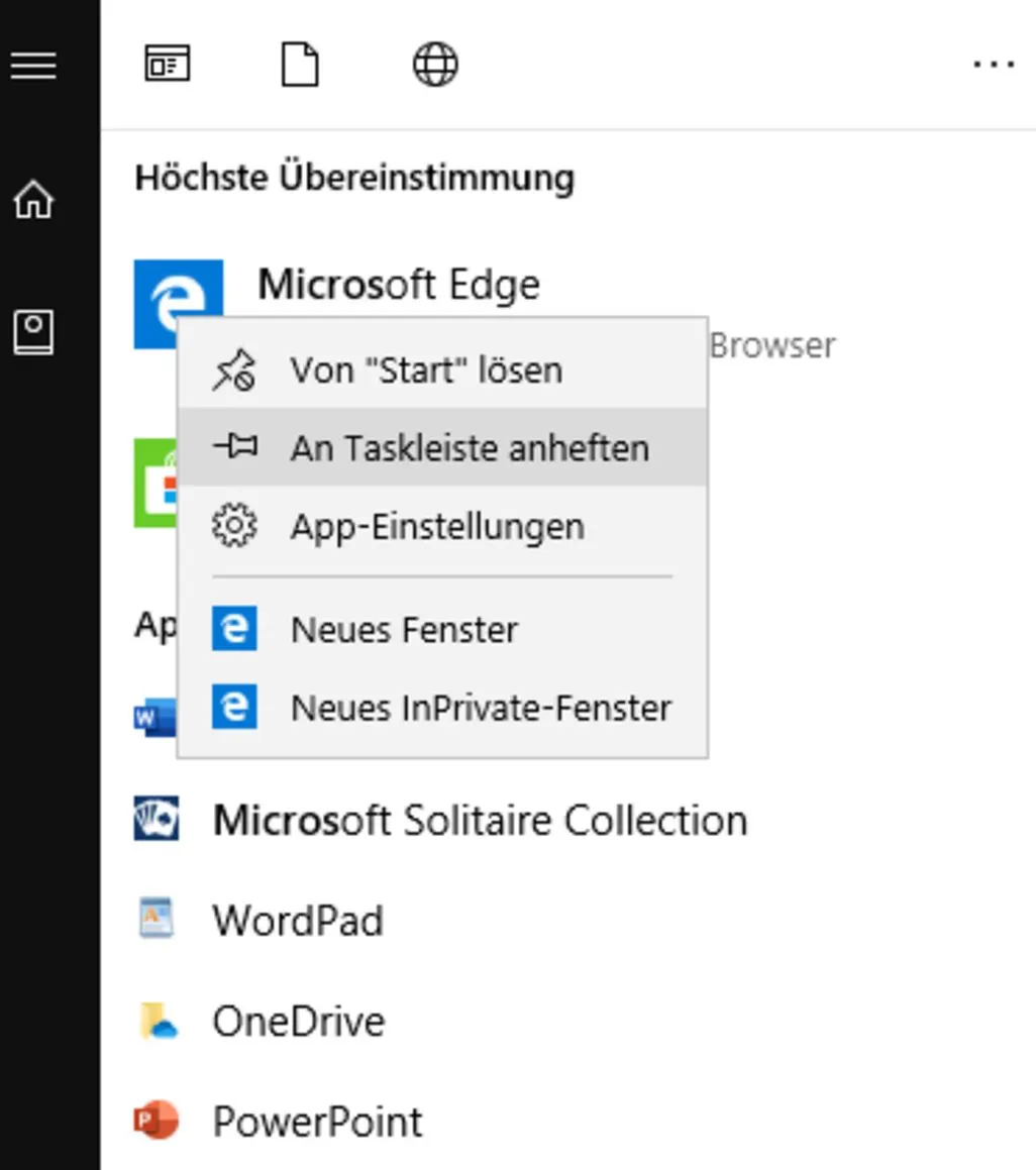 Windows Startmenü zeigt Kontextmenü für Microsoft Edge Browser-Optionen
