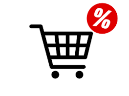 Schwarzes Icon von einem Einkaufswagen. Ein rotes Prozentzeichen auf dem Bild soll ein Hinweis auf Angebote im Bereich "Angebote nur im Onlineshop" sein.