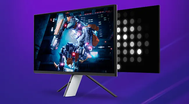 Ein Monitor mit einem Roboterbildschirm steht vor einer Tafel mit Punktmuster auf einem lila Hintergrund.