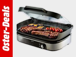 Bild mit grauem Hintergrund. Links davon steht "Oster-Deals" in weißer Schrift vor rotem Hintergrund. Rechts davon ein Tischgriller