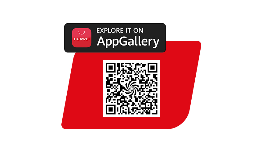 Roter Hintergrund mit einem QR-Code und einem schwarzen Banner mit dem Text "Explore it on AppGallery".
