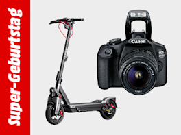 Kamera und E-Scooter vor weißem Hintergrund. Links davon in einem roten Balken und weißer Schrift steht: Super-Geburtstag.