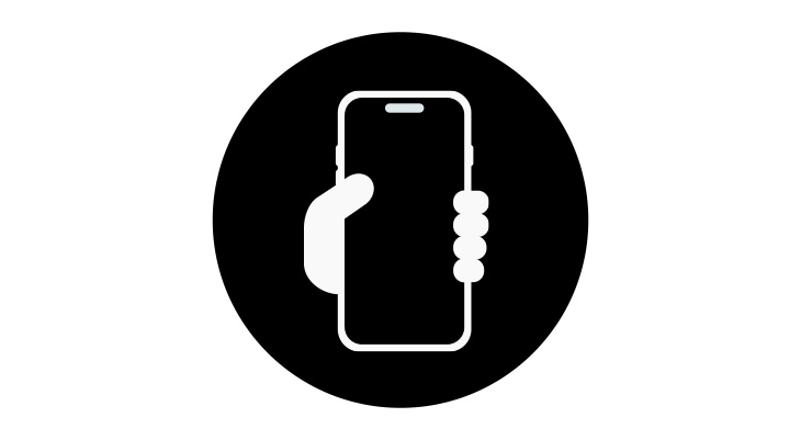 Icon einer Hand, die ein Smartphone aufrecht hält, in einem schwarzen Kreis.