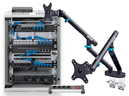 Digitus Produktübersicht: Netzwerk-Rack mit Patchpanel und Verkabelung sowie ein dual Monitor-Tischhalterung mit zwei Schwenkarmen.