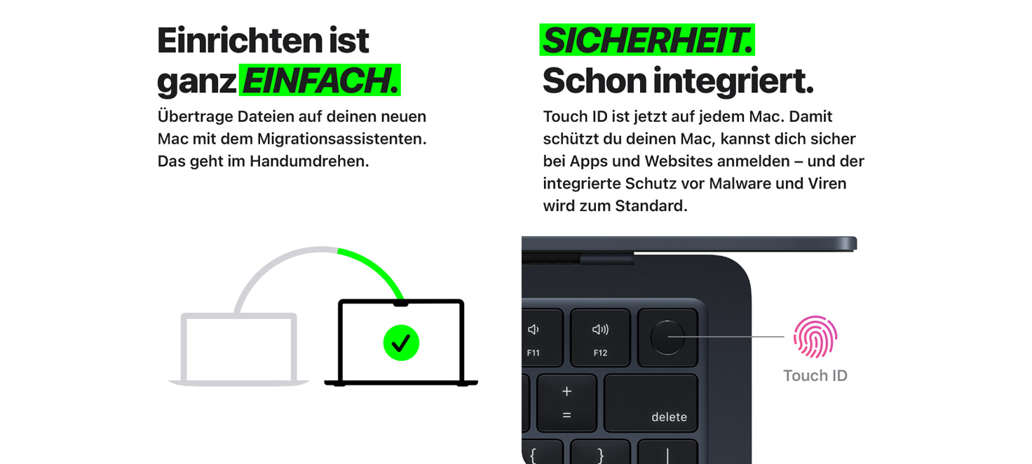Zwei Computer mit grünem Häkchen, Touch ID-Taste auf einer dunklen Tastatur und Text auf weißem Hintergrund.
