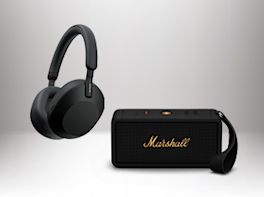 Produktbild von einem Over-Ear Kopfhörer und eines tragbaren Lautsprechers.