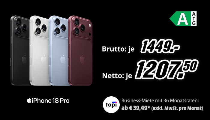 Grafik zu Apple iPhone 18 Pro in den Farben Schwarz, Weiß, Blau und Rot, Energieeffizienzklasse A. Brutto-Preis 1449,- Euro, Netto-Preis 1207,50 Euro. Business-Miete mit 36 Monatsraten ab 39,49 Euro exkl. MwSt. pro Monat über topi.