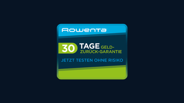Logo von Rowenta, das eine 30-Tage-Geld-zurück-Garantie und risikofreies Testen bewirbt, auf blauem Hintergrund.