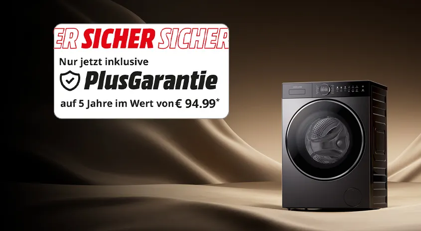 Schwarze Waschmaschine mit Werbebanner. Text: "Nur jetzt inklusive PlusGarantie auf 5 Jahre im Wert von € 94,99". Angebot.