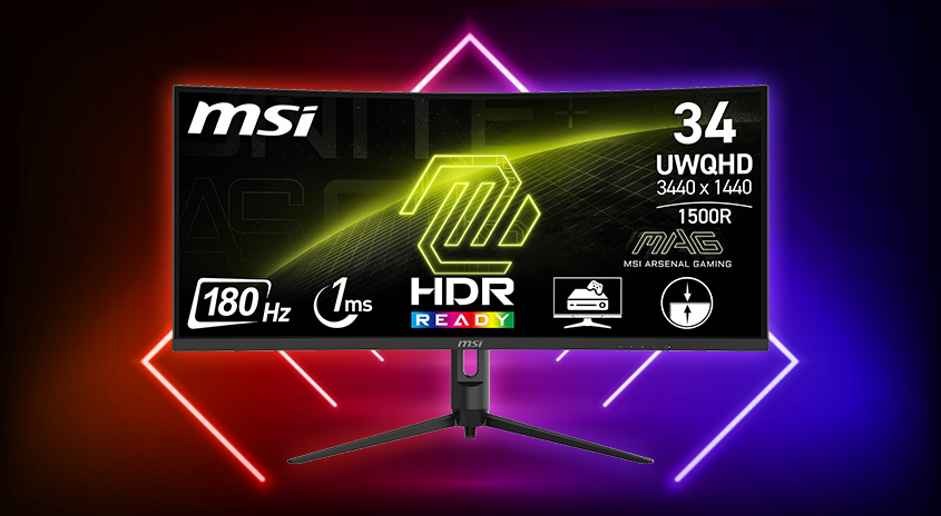 Ein schwarzer MSI-Monitor mit gelbem Logo und Spezifikationen vor einem rot-blauen Hintergrund mit Neon-Dreiecken.