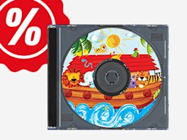 Angebotsgrafik mit rotem Prozent-Symbol, im Vordergrund eine Hörbuch-CD