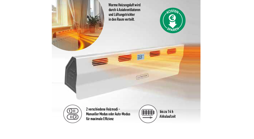 Elektrischer Heizlüfter verteilt warme Luft effizient im Raum, mit 2 Heizmodi, bis zu 14 Stunden Akkulaufzeit und energiesparender Funktion.