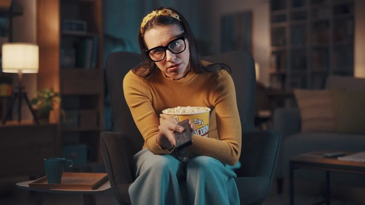 Person sitzt mit Popcorn und Fernbedienung auf einem Sessel im Wohnzimmer.