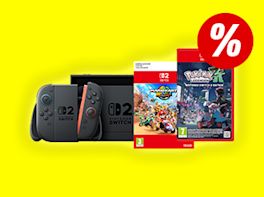 Switch 2 Konsole und zwei Games für diese Konsole vor gelben Hintergrund. Rechts oben im Bild ist ein großes Prozentzeichen zu sehen.