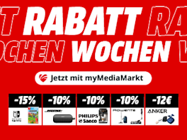 Rote Kachel mit dem Wording: Rabattwochen. Jetzt mit myMediaMarkt. Verweist auf vier Aktionen mit Prozent-Abzug oder Euro-Abzug.