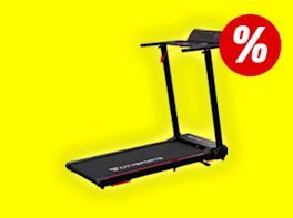 Laufband vor gelben Hintergrund. Rechts oben im Bild ist ein großes Prozentzeichen zu sehen.