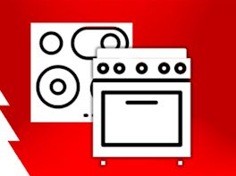 Weißes Piktogramm eines Herd-Sets vor weihnachtlich-rotem Hintergrund.