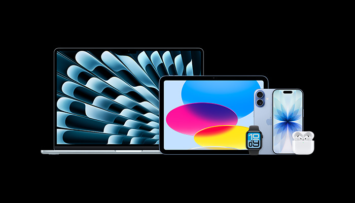 Eine Auswahl verschiedenster Apple Produkte, darunter ein MacBook Air, ein iPad, AirPods, iPhone 17 und Apple Watch