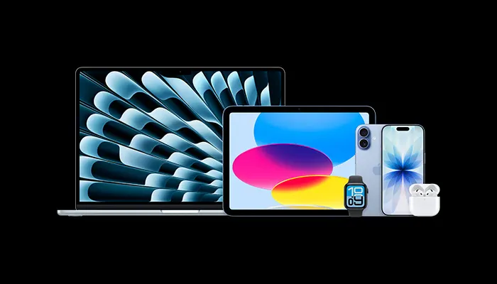 Eine Auswahl verschiedenster Apple Produkte, darunter ein MacBook Air, ein iPad, AirPods, iPhone 17 und Apple Watch