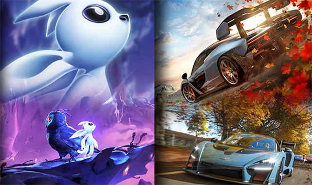 Die Bildcollage zeigt links ein Fantasy-Spiel mit einer Eulenfigur und rechts ein Rennspiel mit blauen Autos.
