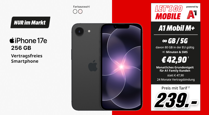 iPhone 17e, 256 GB, verschiedene Farben, vertragsfrei im Markt, mit Let's Go Mobile powered by A1 Mobil M+ Tarif um  € 239,-