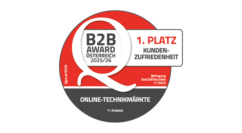 Siegel B2B Award Österreich 2025/26, 1. Platz Kundenzufriedenheit aus der Branche Online-Technikmärkte