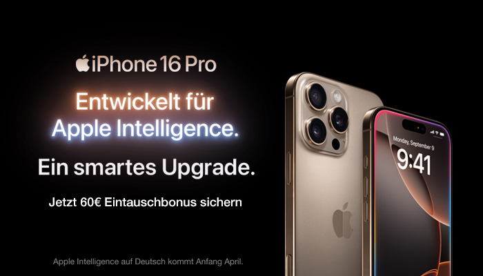 Werbung für iPhone 16 Pro. Zwei iPhones in Gold und Schwarz. Auf dem Bildschirm steht 9:41. Schwarzer Hintergrund.