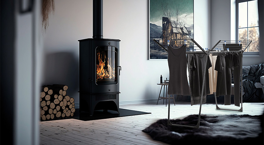 Ein Raum mit Kamin und Wäscheständer. Brennendes Holz im schwarzen Kamin. Kleidung hängt auf dem Trockner.