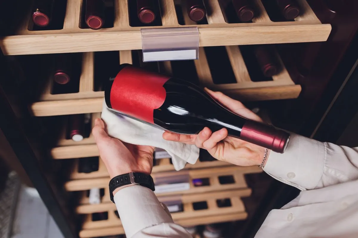 Eine Person nimmt einen Rotwein aus einem Weinkühlschrank