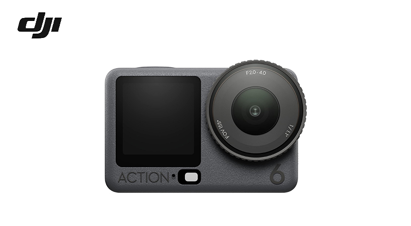 Eine graue Action-Kamera mit Bildschirm, Objektiv und Tasten. Auf der Kamera steht 'ACTION' und '6'.