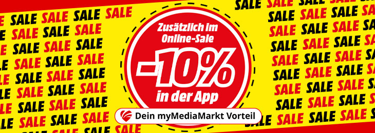 Bild mit gelb‑rotem SALE‑Hintergrund und rotem Kreis: weißer Text „Zusätzlich im Online‑Sale –10 % in der App“, darunter Balken „Exklusiv für myMediaMarkt‑Mitglieder“.