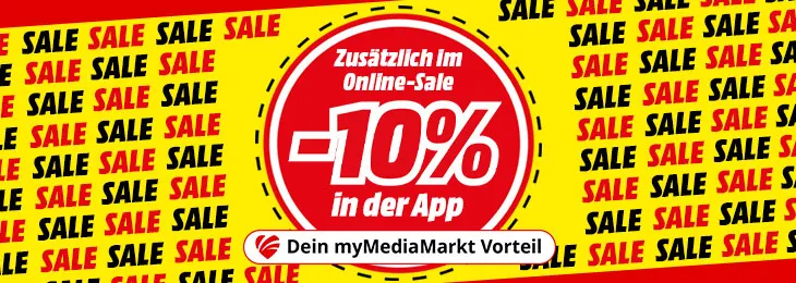 Bild mit gelb‑rotem SALE‑Hintergrund und rotem Kreis: weißer Text „Zusätzlich im Online‑Sale –10 % in der App“, darunter Balken „Exklusiv für myMediaMarkt‑Mitglieder“.