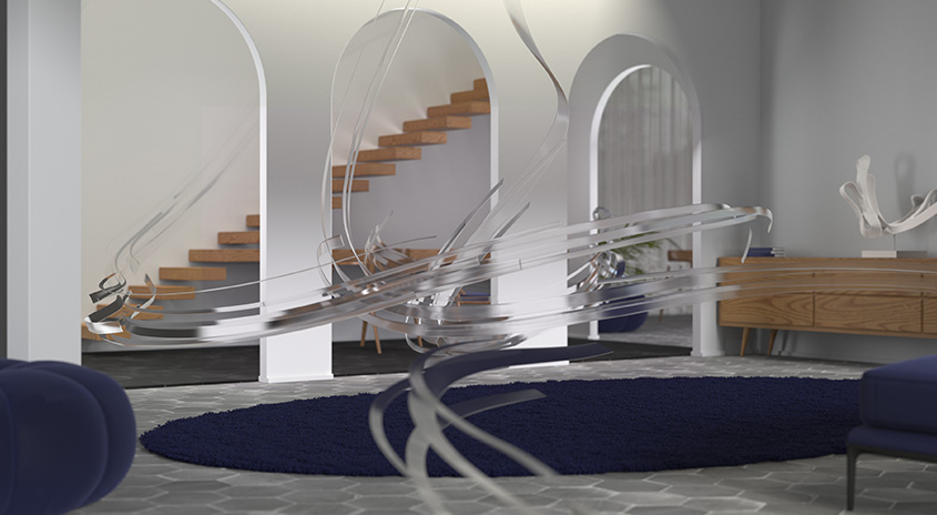 Ein Wohnzimmer zeigt blaue Möbel, einen Teppich und eine Holztreppe durch Bögen. Eine abstrakte Skulptur steht im Vordergrund.