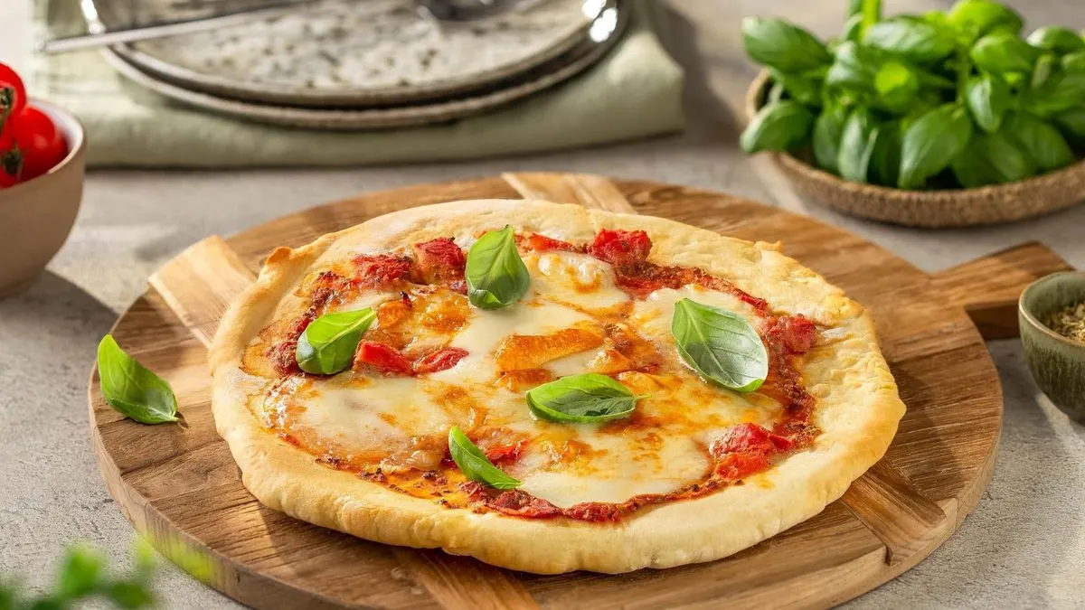 Eine Pizza mit Tomatensoße, Mozzarella und Basilikum liegt auf einem Holzbrett. Im Hintergrund sind Tomaten, frischer Basilikum und Gewürze zu sehen.