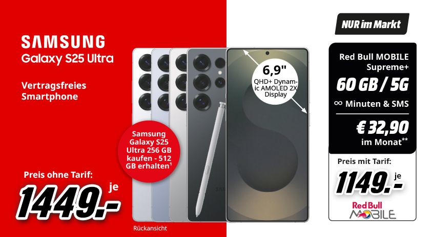Werbung für das Samsung Galaxy S25 Ultra. Das Handy hat eine weiße, graue und schwarze Rückseite mit Stift. Red Bull Mobile Angebot.