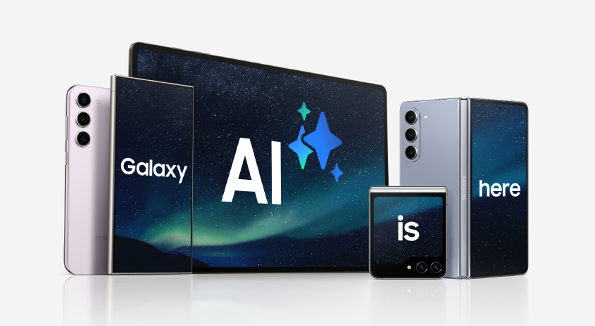 Verschiedene Samsung Galaxy Geräte mit AI-Funktionen auf weißem Grund, darunter Handys und Tablets.