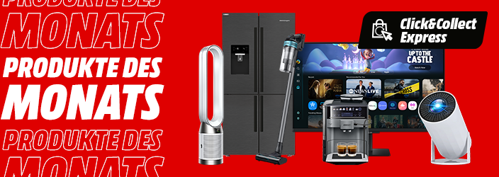 Produkte des Monats Banner mit rotem Hintergrund: Dyson Luftreiniger, schwarzer Side-by-Side Kühlschrank, Gaming-Setup mit Monitor und Controller, sowie Click&Collect Express Logo